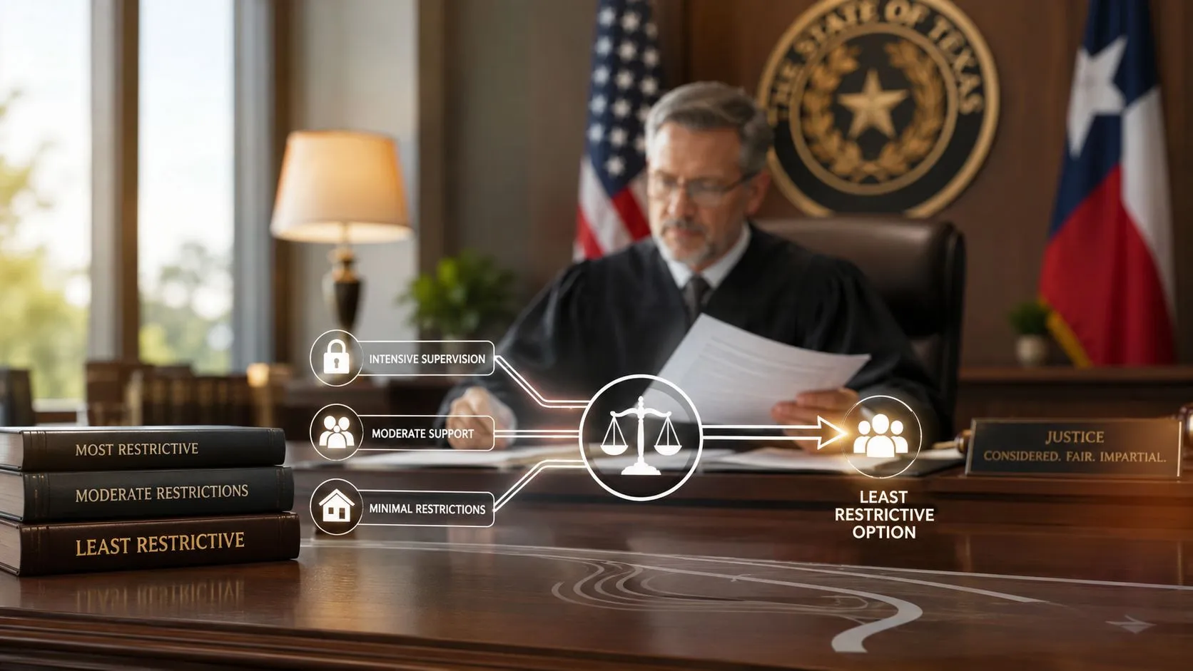 A judge in a courtroom setting analyzing legal options for guardianship, highlighting the principle of the least restrictive option.