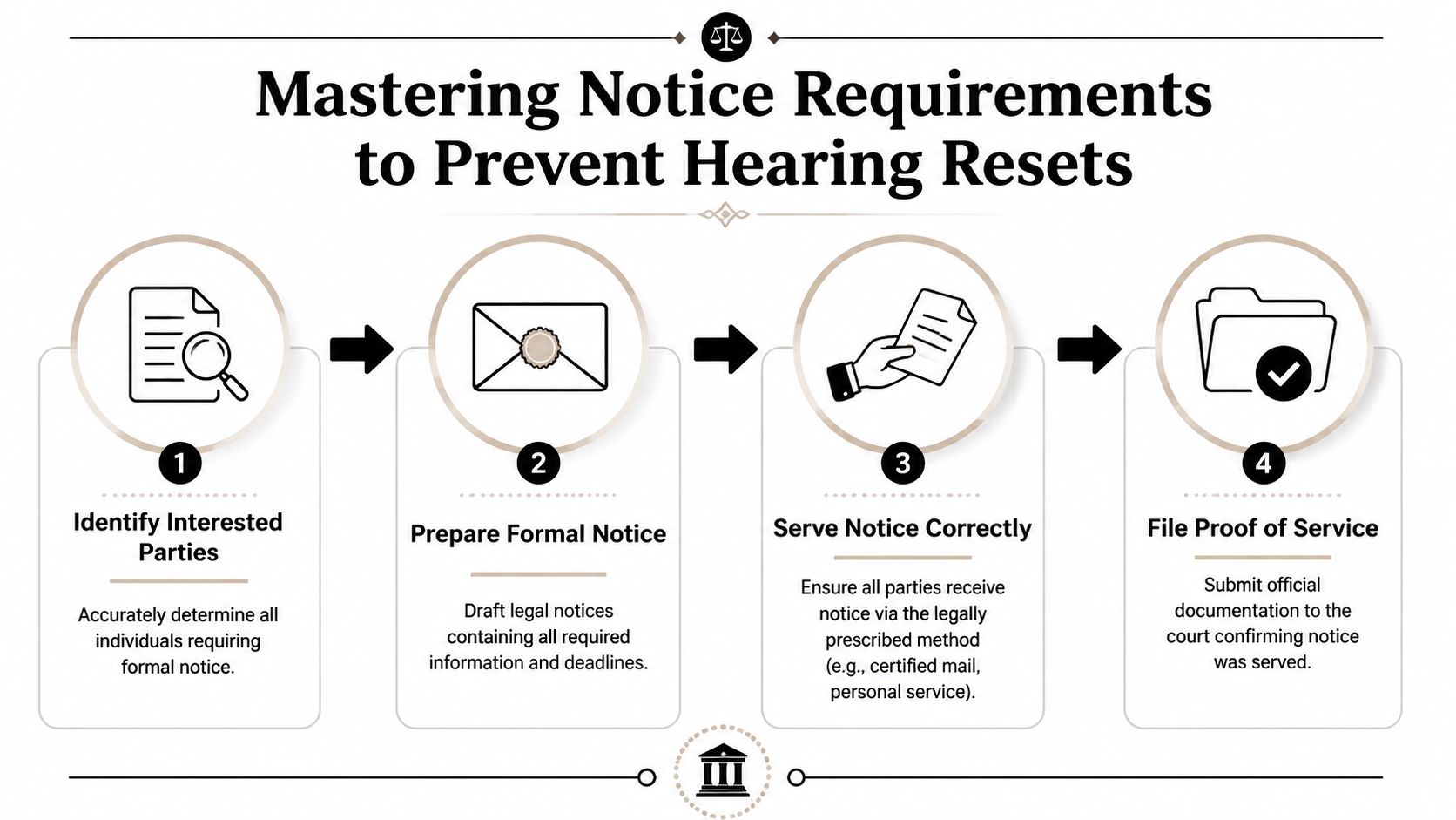 A four-step infographic illustrating the legal process of identifying, preparing, serving, and filing notice for court hearings.