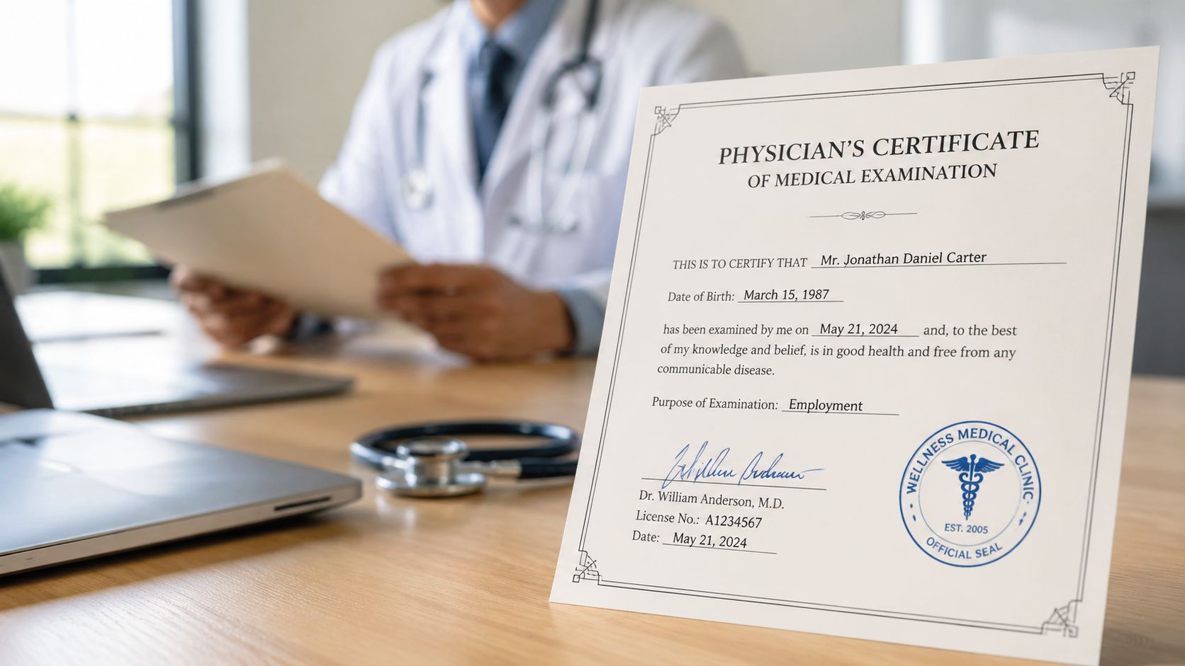 A physician sitting at a desk presenting a formal medical examination certificate for a patient.