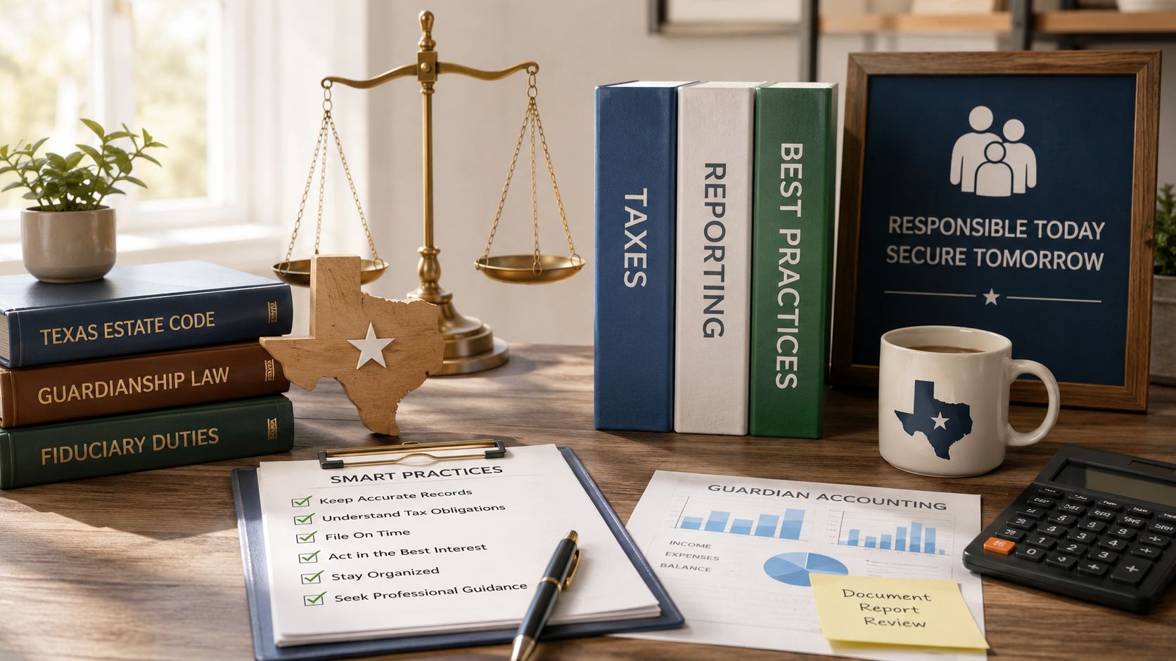 A professional desk featuring law books, a Texas map cutout, accounting documents, and financial guidance for guardians.