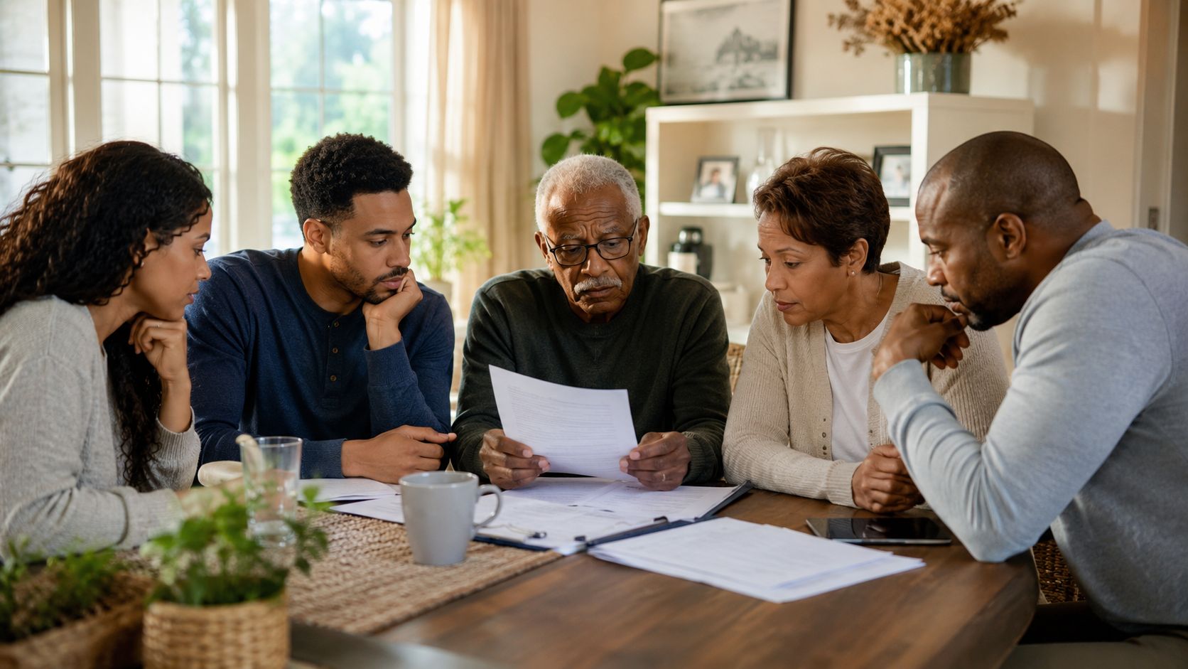 A diverse family discussing legal documents with an elderly man at a table in a home.