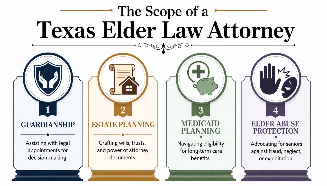 An infographic detailing the four main services provided by a Texas elder law attorney, including legal planning.