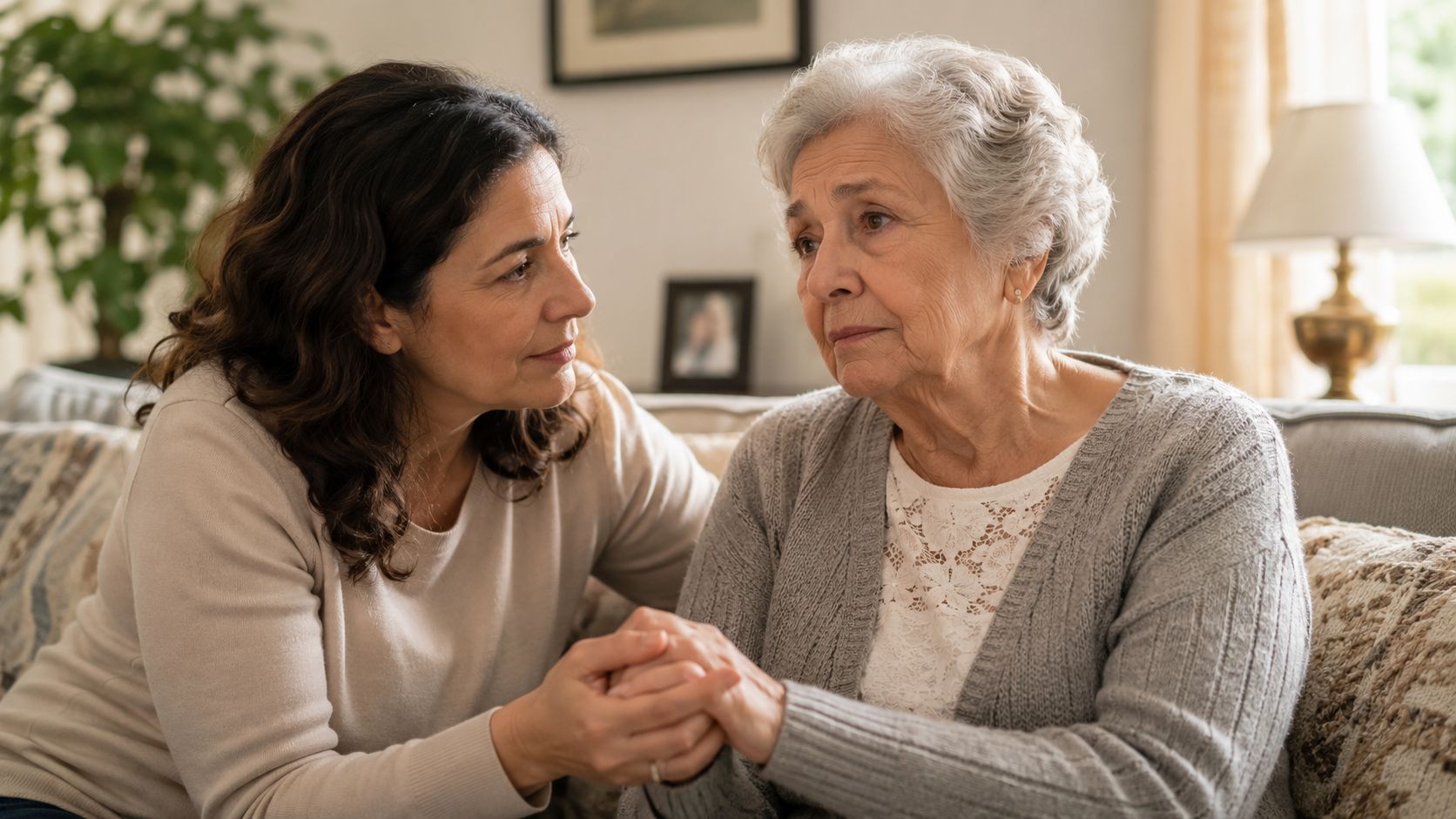A caring woman sits on a sofa holding the hands of an elderly woman during a difficult conversation.