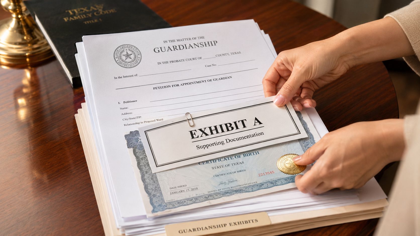 A person holding a birth certificate over Texas guardianship legal forms on a wooden desk.