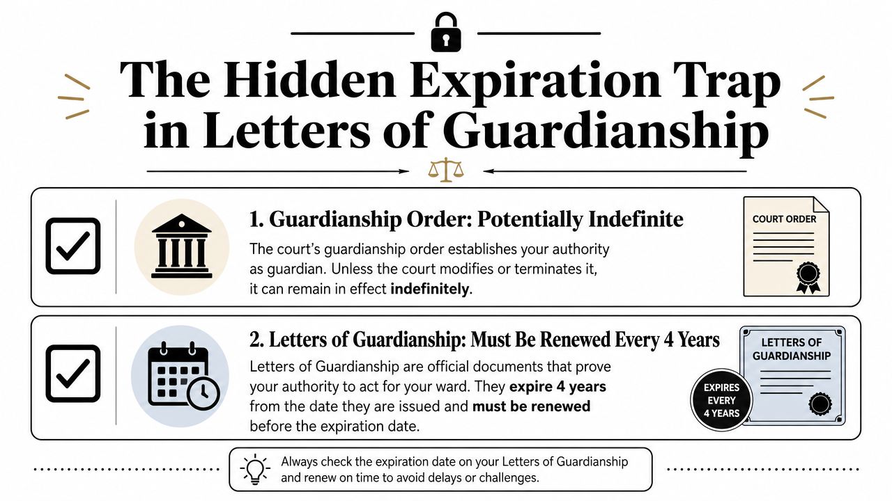 An infographic explaining that while guardianship orders are indefinite, Letters of Guardianship must be renewed every four years.