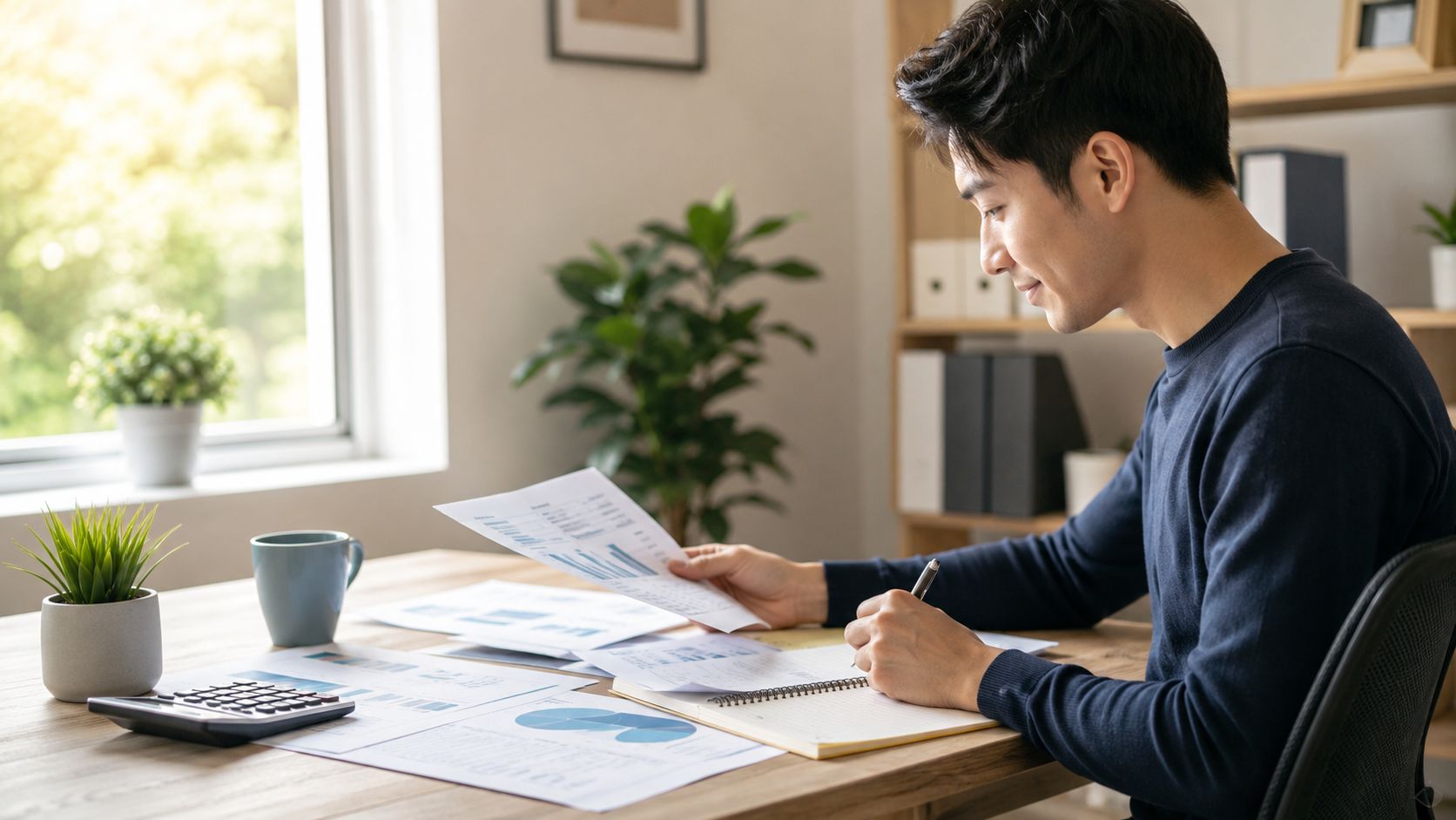 A professional man reviewing financial documents and taking notes at his bright office workspace.