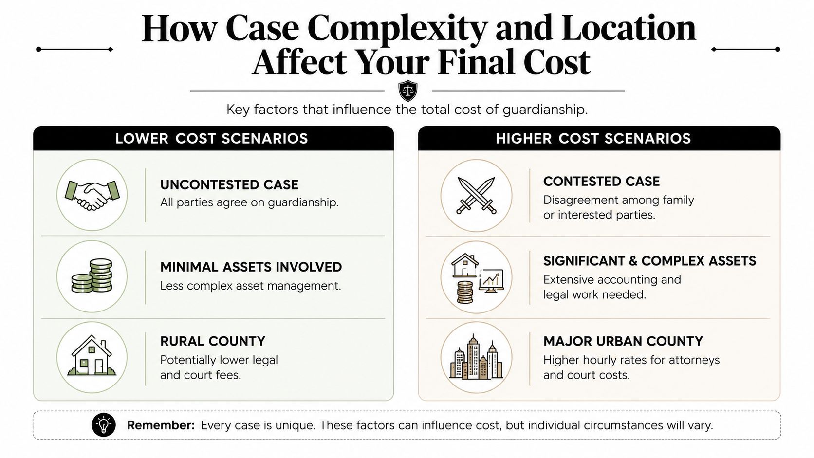 An infographic detailing how case complexity and geographic location influence the total cost of legal guardianship proceedings.