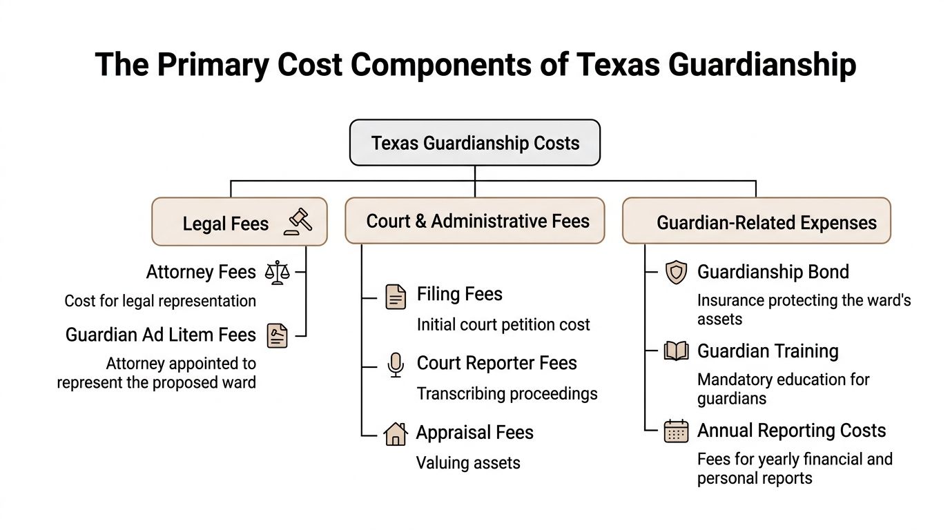 An organizational chart outlining the primary cost components involved in Texas guardianship legal and administrative proceedings.