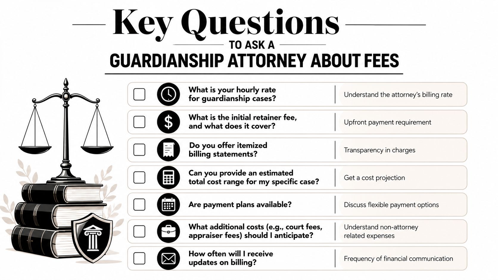 A checklist of key questions to ask a guardianship attorney regarding legal fees and billing transparency.