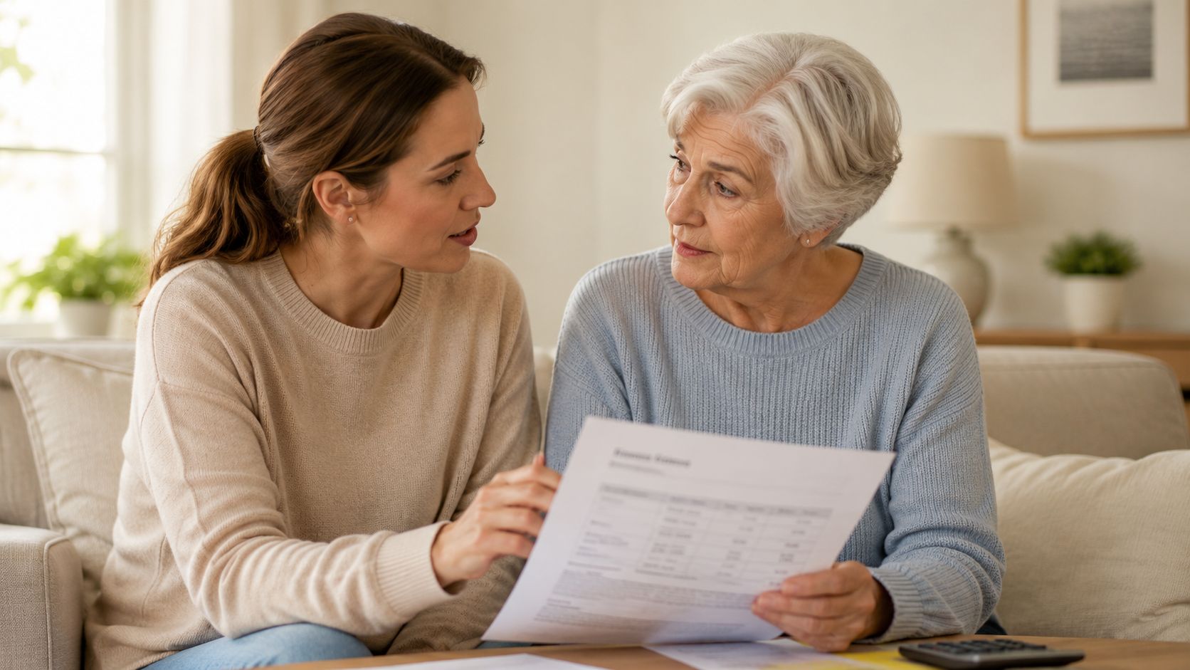 A young woman assists an elderly woman by reviewing important financial documents together at home.