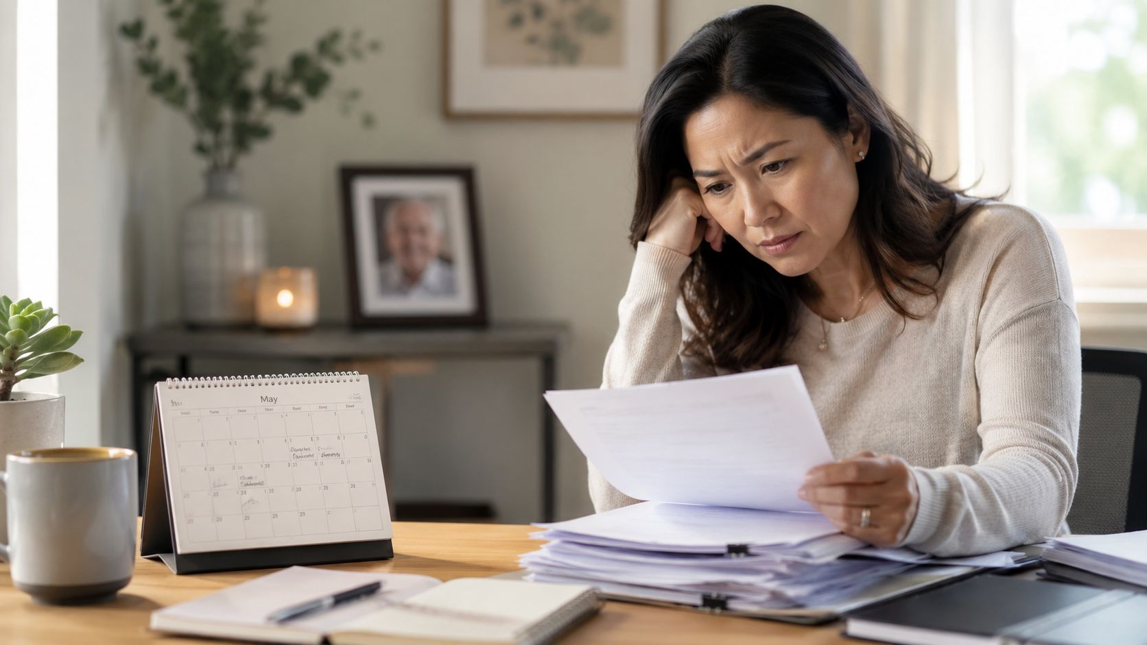 A concerned woman reviews financial documents at her desk while sitting next to a calendar.