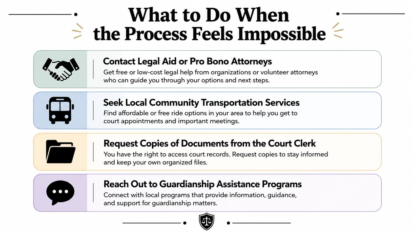 An infographic titled What to Do When the Process Feels Impossible, offering advice for navigating legal guardianship challenges.