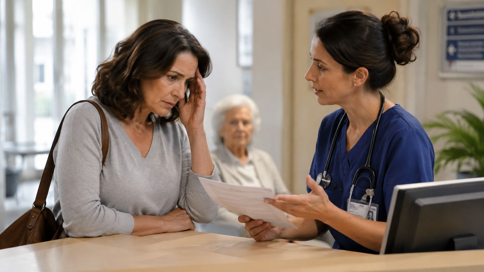 A concerned woman talking to a nurse at a hospital reception desk about medical documents.
