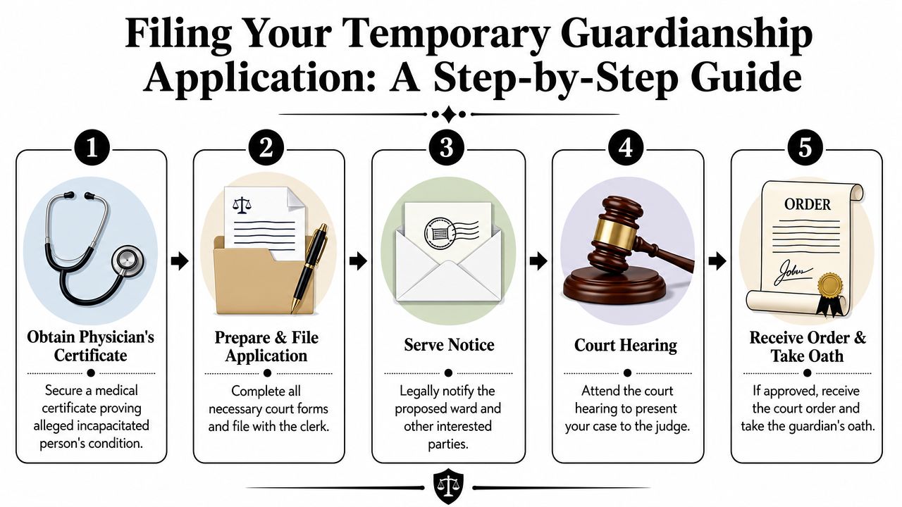 A five-step infographic guide explaining the legal process for filing a temporary guardianship application.