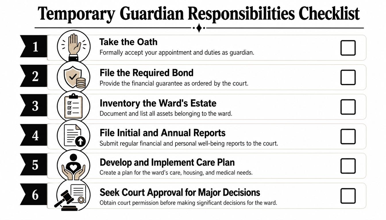 A numbered checklist showing the six key responsibilities for a temporary guardian, presented in a clear document.