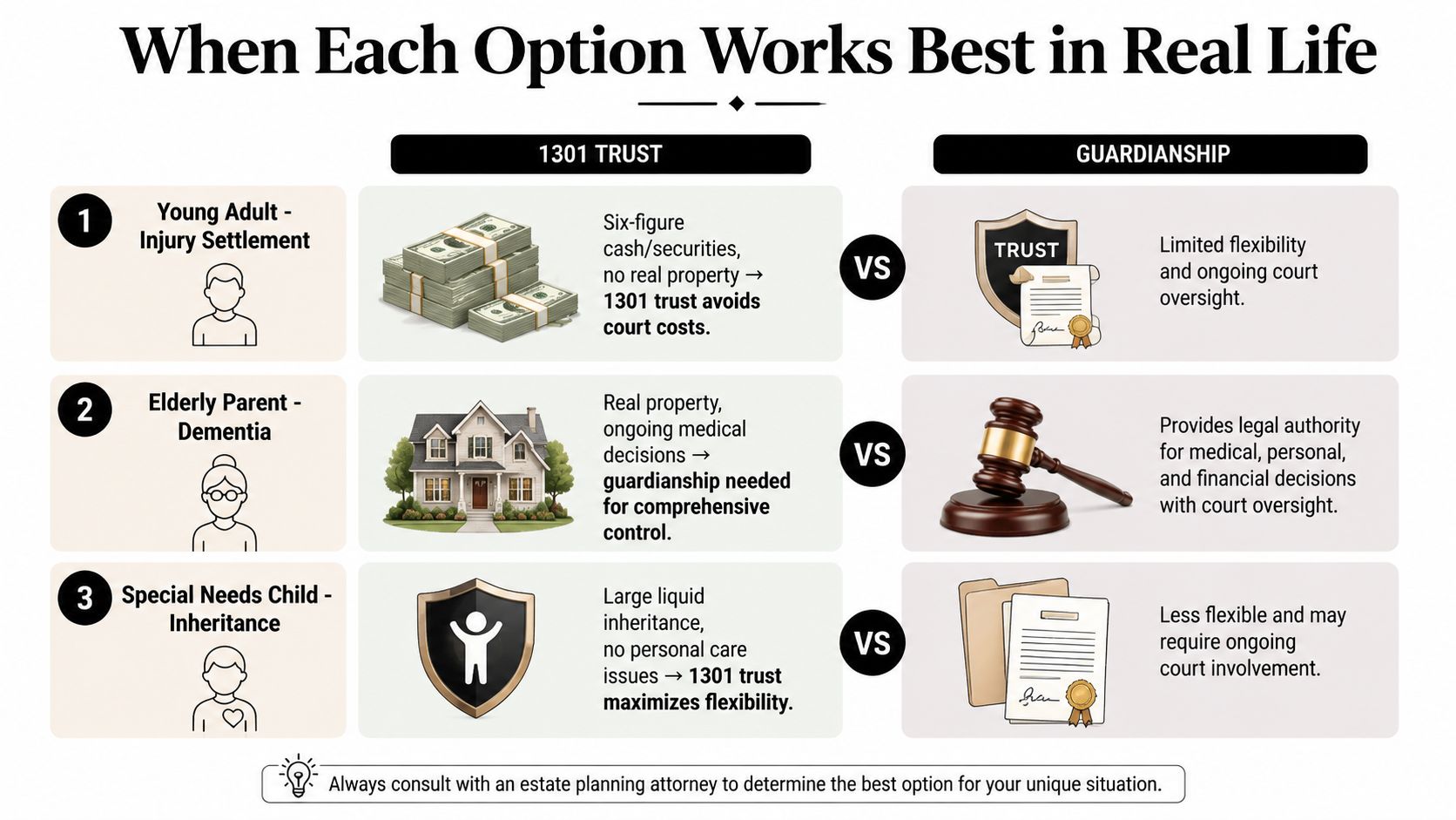 A comparison chart outlining scenarios when a 1301 management trust is preferred over a court guardianship.