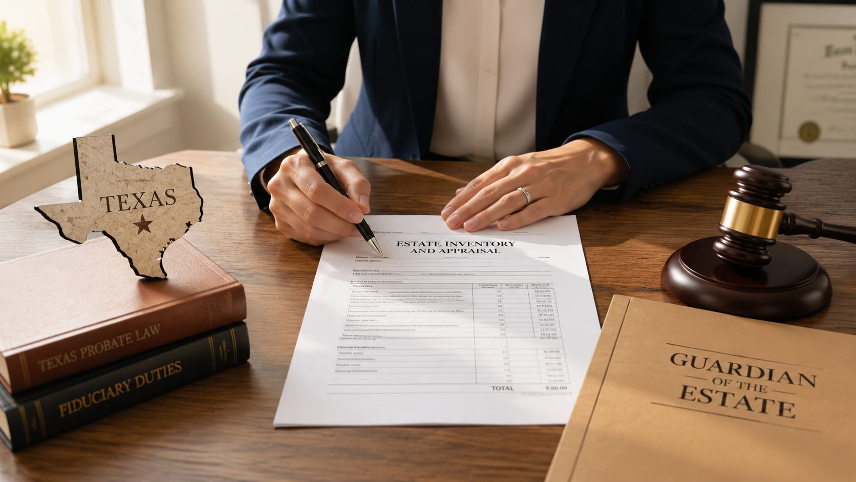 An attorney in a suit filling out a Texas estate inventory and appraisal form at a desk.