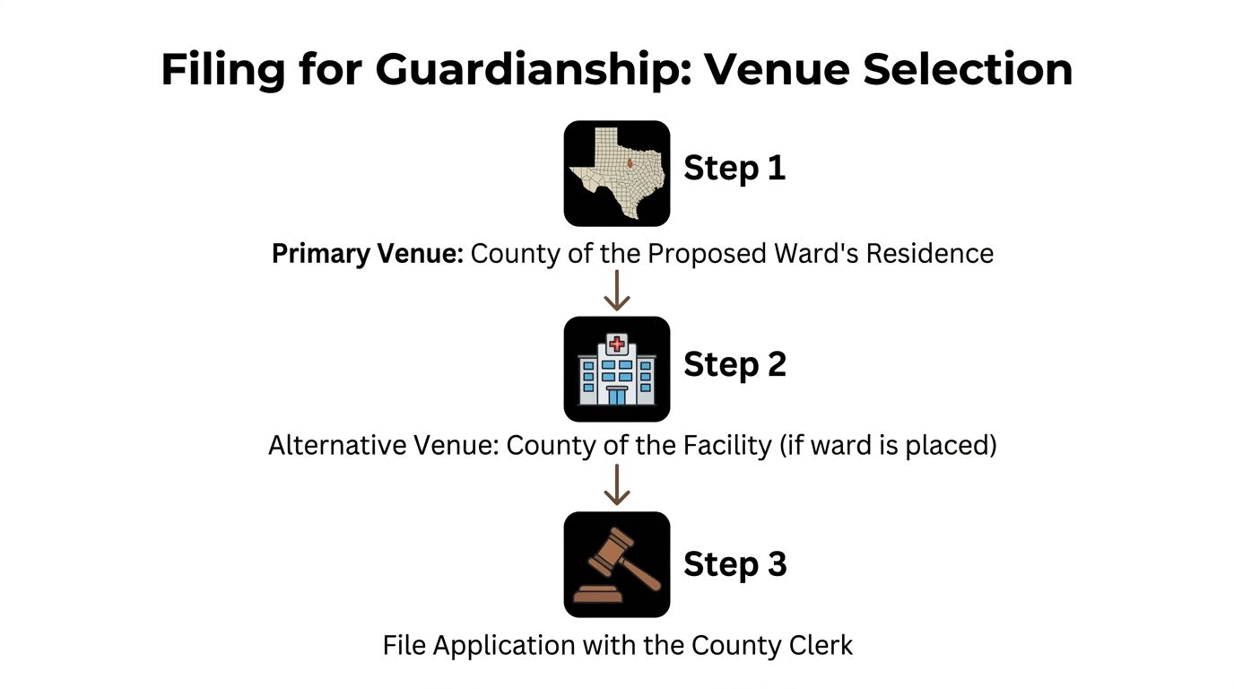 A diagram outlining the three-step process for determining the legal venue when filing for guardianship in Texas.