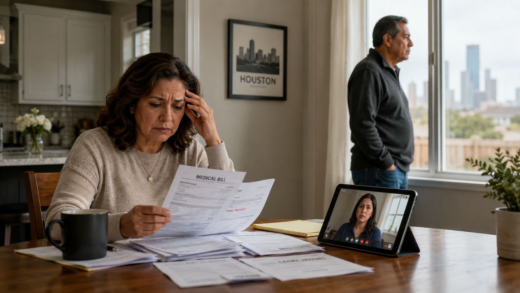 A concerned woman reviews medical bills at a table while a man looks out a window nearby.