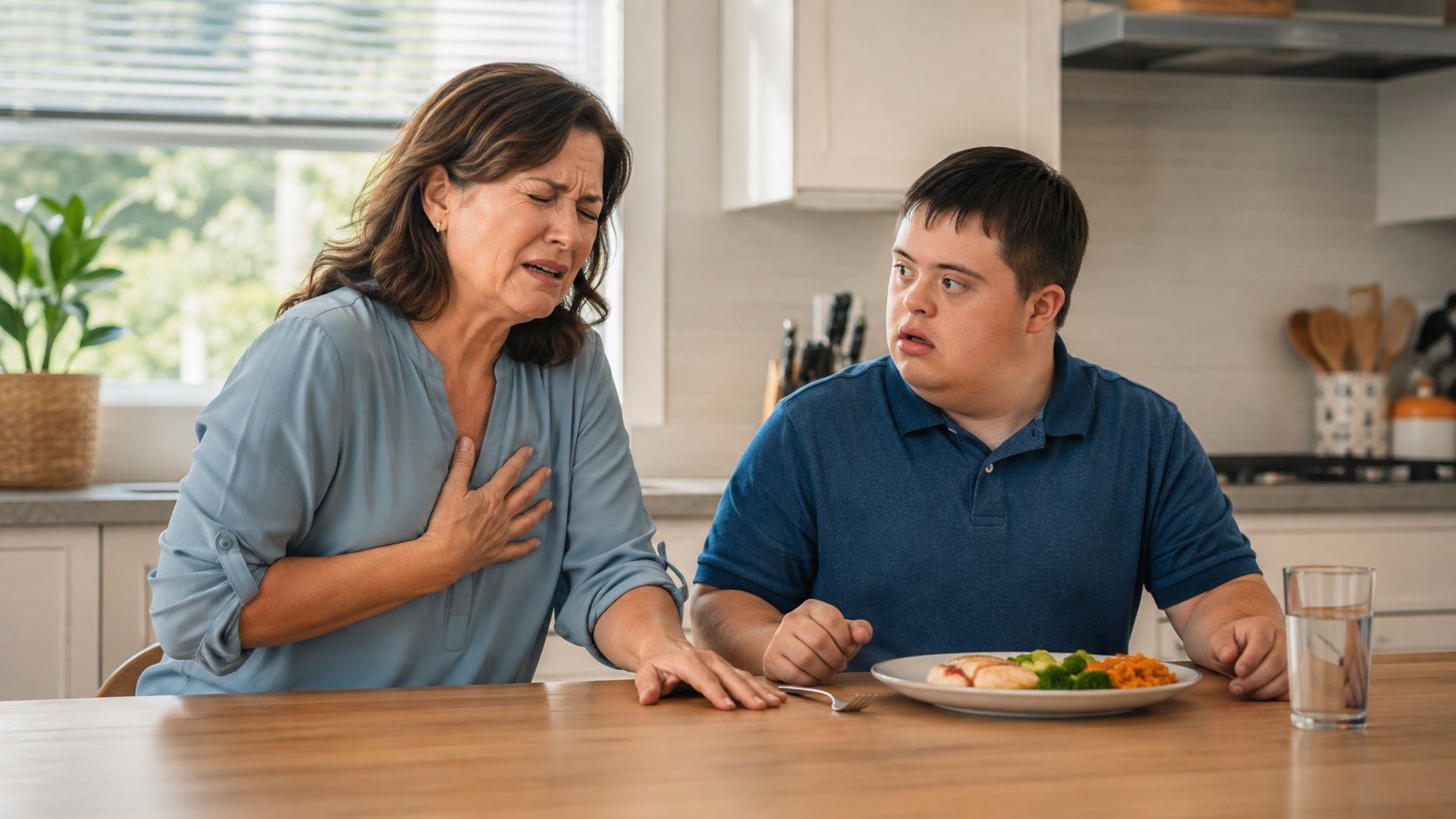 A concerned mother holding her chest while sitting at a kitchen table with her disabled son.