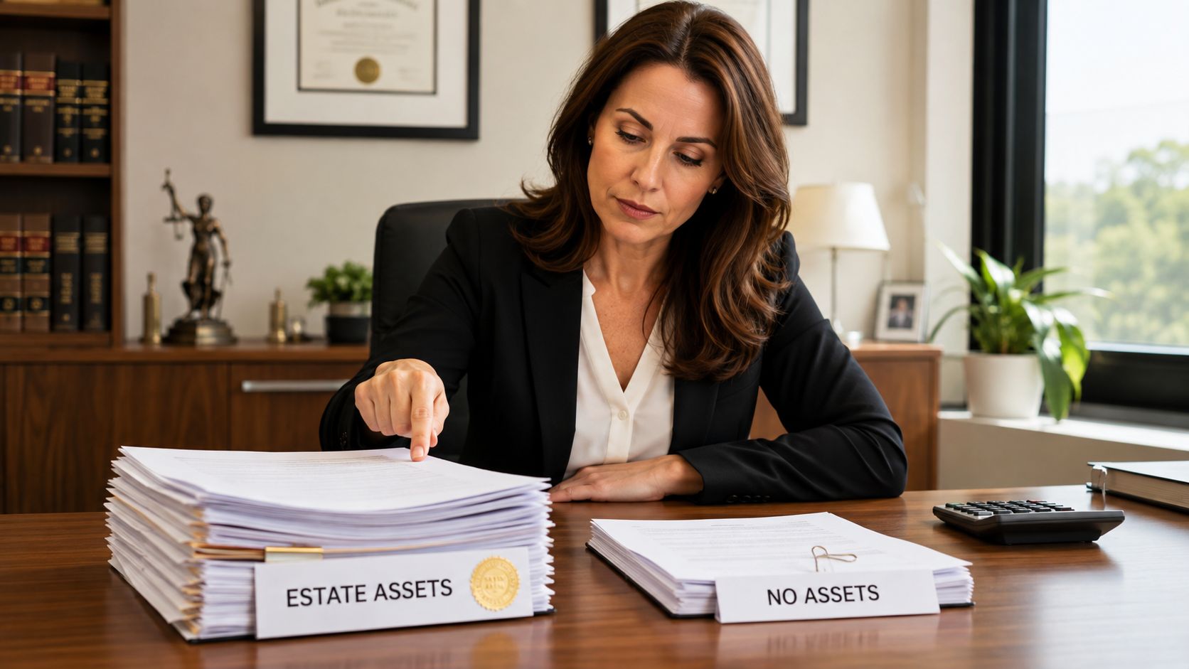 A professional woman in an office reviewing legal documents labeled as estate assets and no assets.