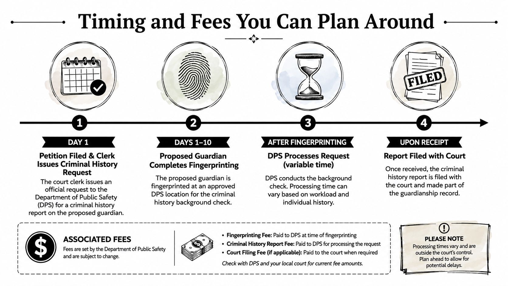 A timeline graphic showing the four steps of a guardianship criminal history background check and associated fees.