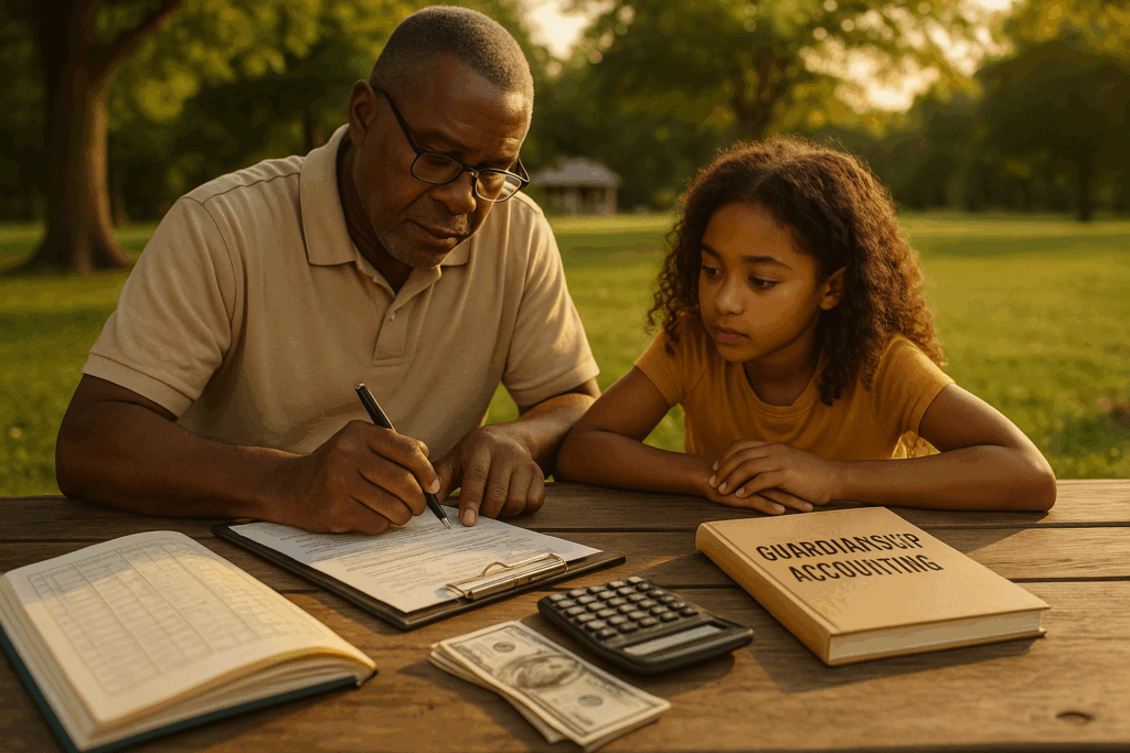 This image captures the crucial role guardians play in managing a ward’s finances responsibly. Highlighting the importance of accurate record-keeping, separate accounts, and court compliance, it reinforces the commitment to safeguarding children’s futures and staying compliant with Texas guardianship laws.