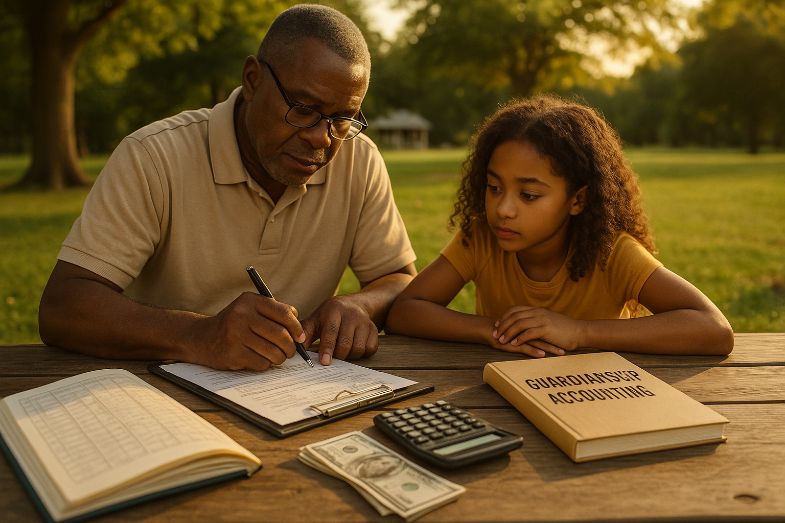 A caring older man and a young girl sit at a picnic table reviewing financial paperwork in a park, highlighting the importance of proper guardianship accounting.