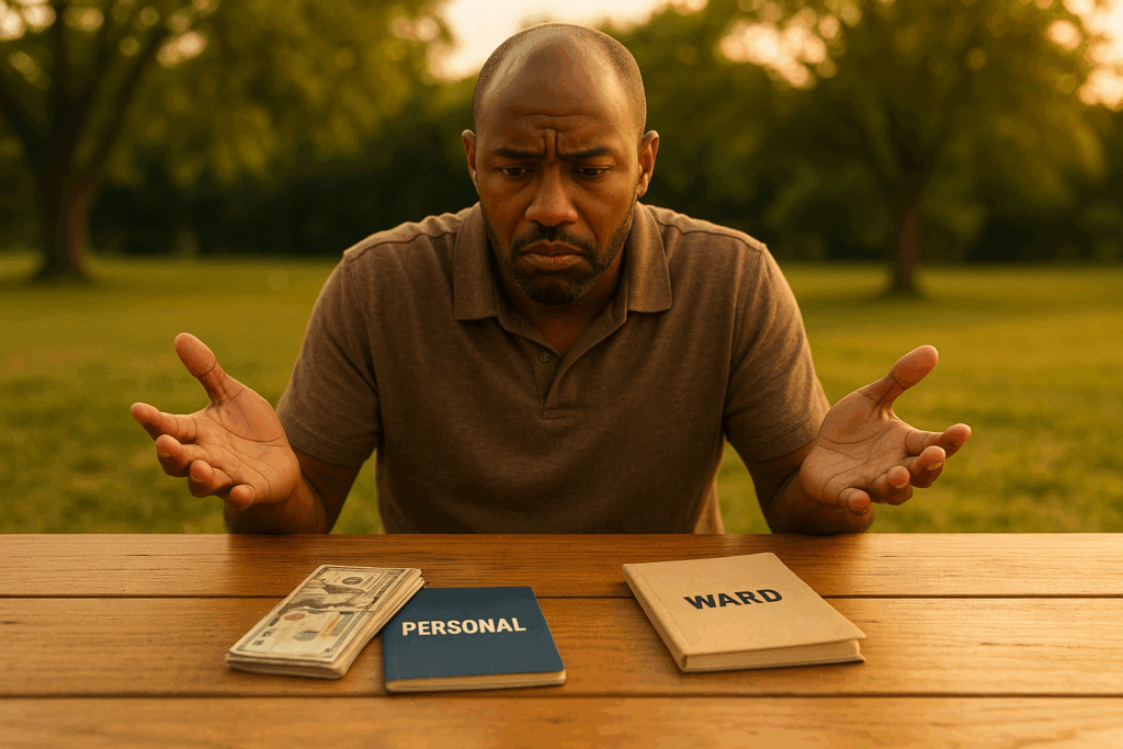 An image showing a guardian confused about commingling personal and ward funds. common Texas guardianship accounting errors