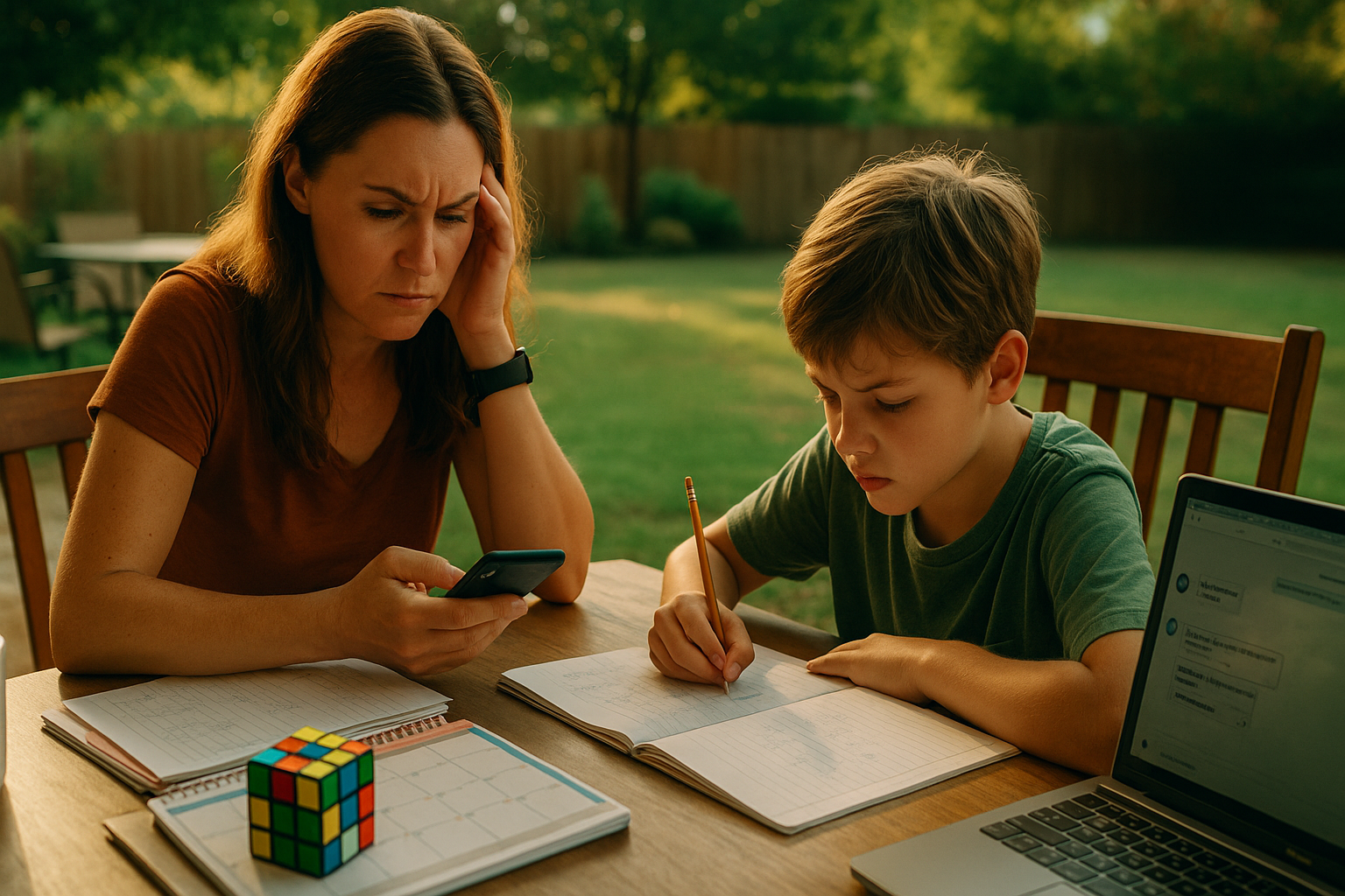 Mother and son doing homework together outside at sunset with school materials and a Rubik’s Cube, representing co-parenting stress.
