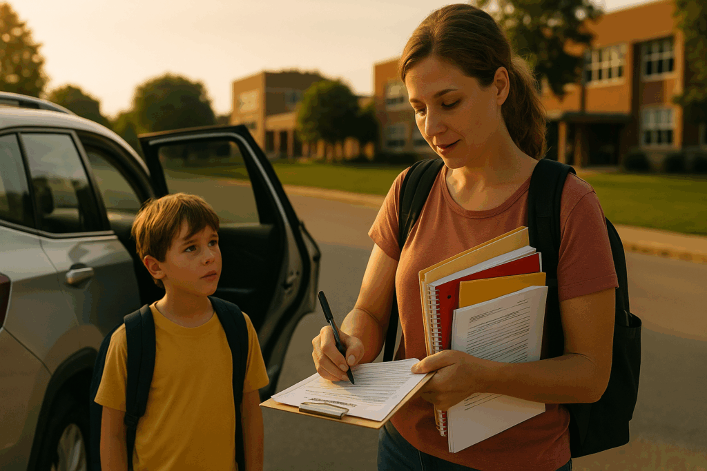 Mother signing school paperwork while her son looks on with concern, illustrating the real-life responsibilities of guardianship in Texas.