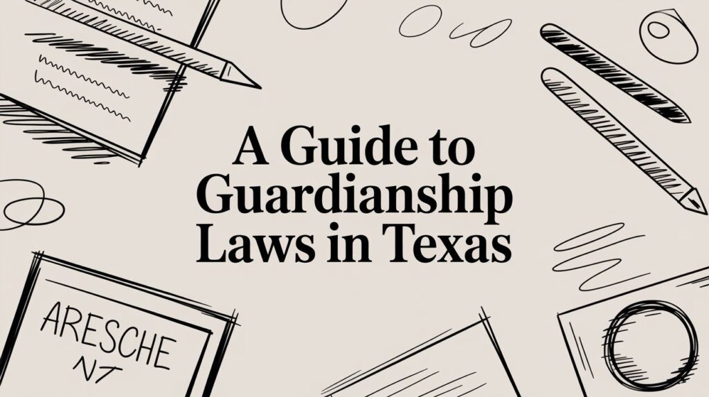 A Guide to Guardianship Laws in Texas with sketches of legal documents and writing tools, emphasizing the legal context of guardianship in Texas.