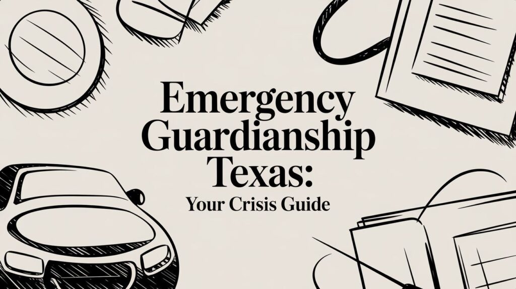 Emergency guardianship guide featuring a car, documents, and legal symbols, emphasizing Texas legal solutions for urgent guardianship needs.
