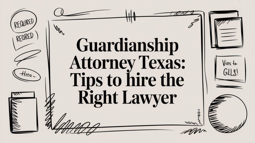 Guardianship Attorney Texas tips for hiring the right lawyer, illustrated with doodles and notes, emphasizing legal guidance for families.