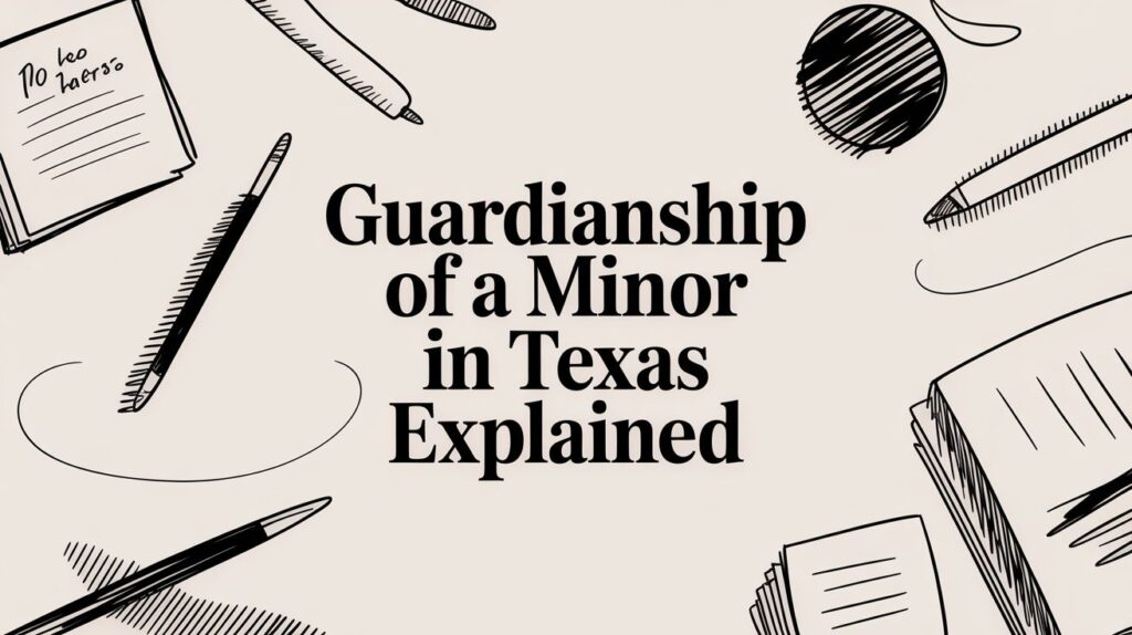 Guardianship of a Minor in Texas explained, featuring pens, notepad, and sketches, emphasizing legal guidance and emotional support for families.
