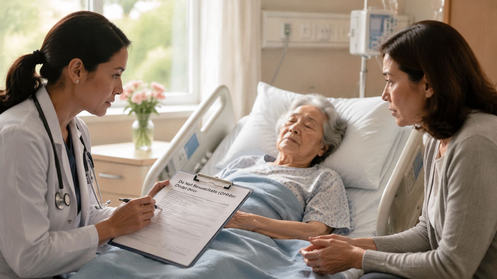 A female doctor discusses a Do Not Resuscitate order form with a family member in a hospital room.