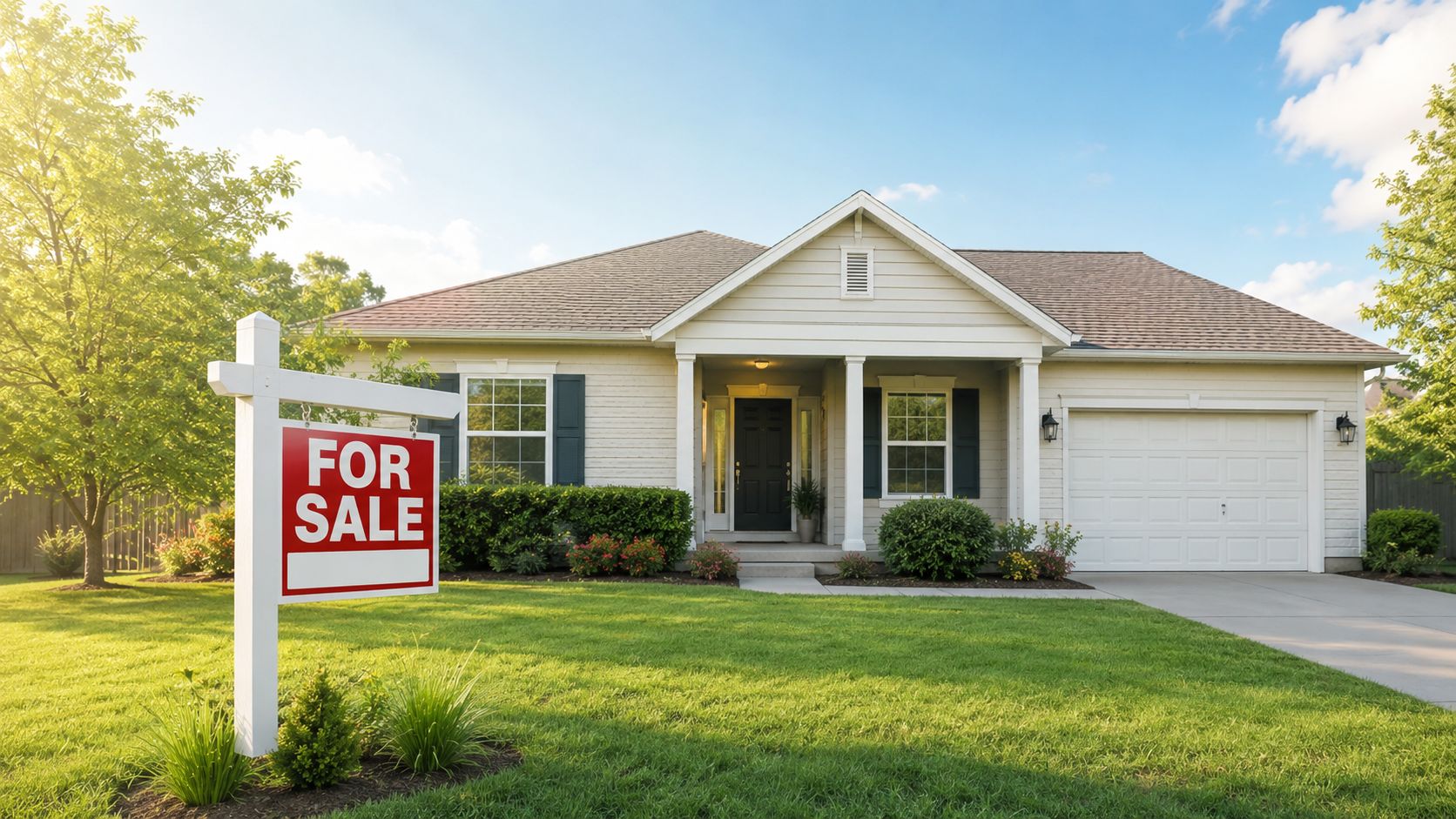 A charming single-family home with a for sale sign on the front lawn under sunny skies.