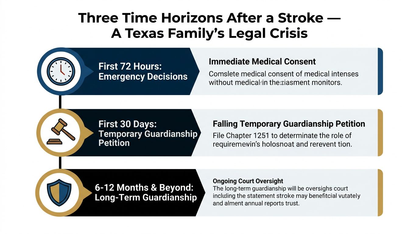 A timeline graphic illustrating three legal stages of guardianship in Texas following a stroke or medical emergency.