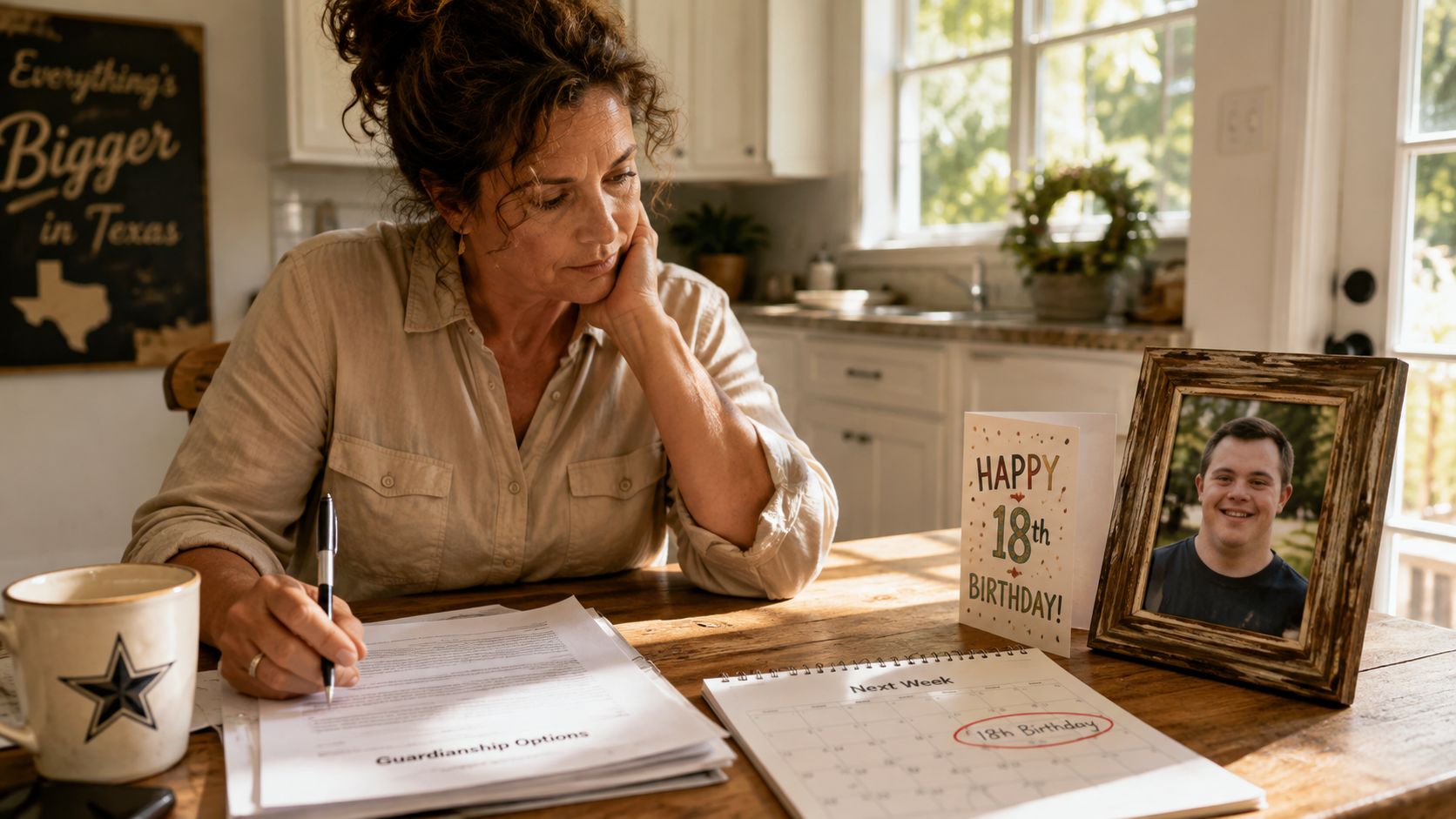A concerned mother sitting at a table filling out guardianship paperwork for her son with Down syndrome.
