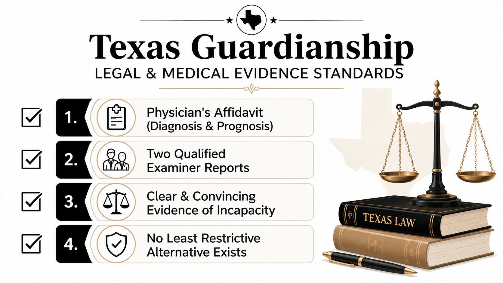 A list of four legal and medical evidence requirements for establishing Texas guardianship with a scale of justice.