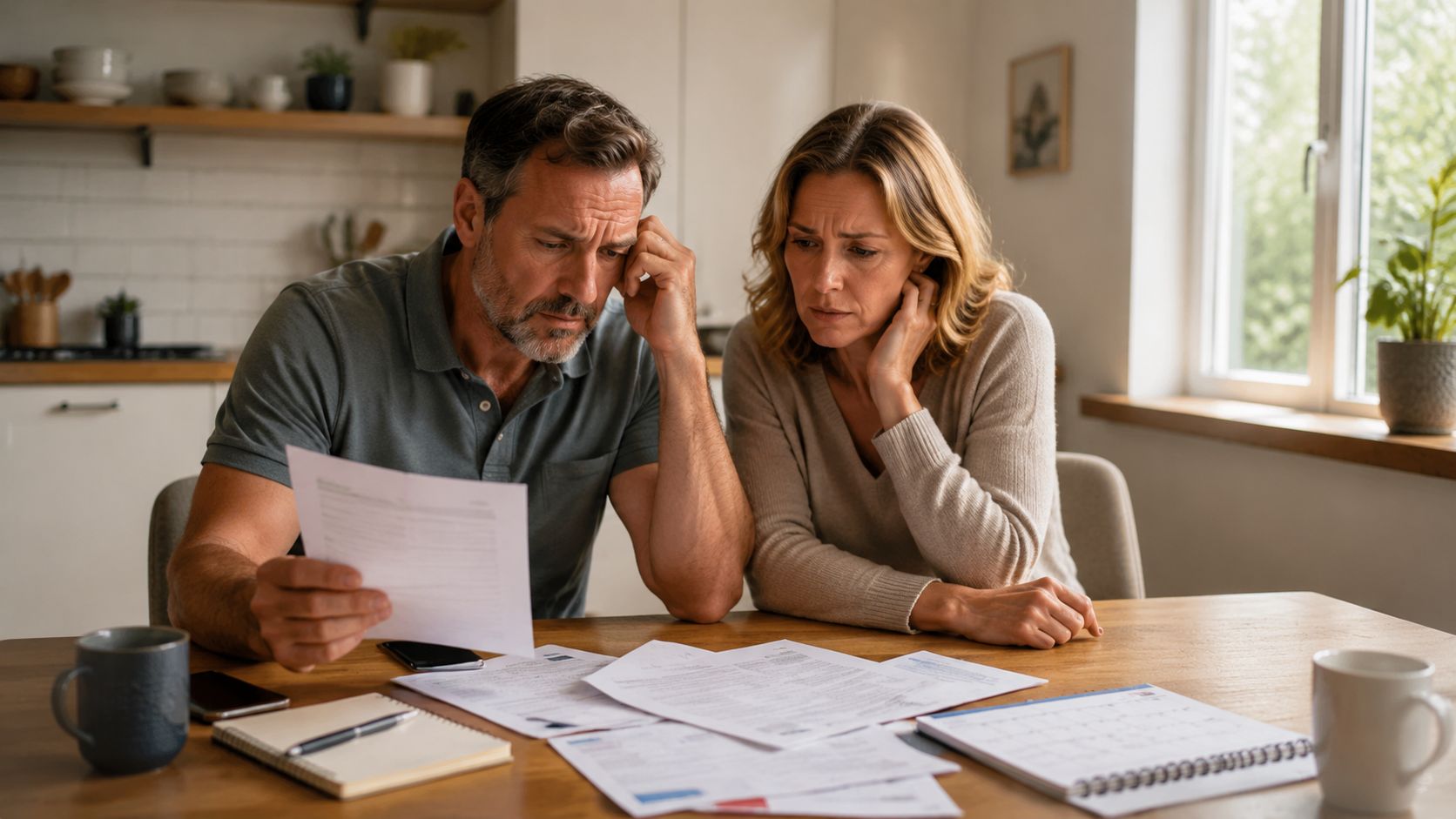 A middle-aged couple looking stressed while reviewing financial documents together at a wooden dining table.