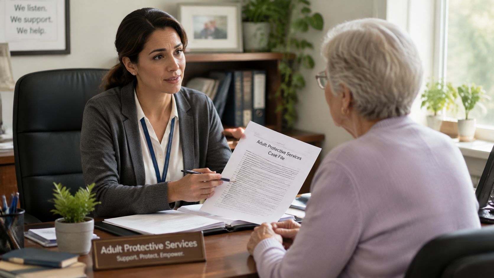 A professional social worker holding a case file while consulting with an elderly woman in an office.