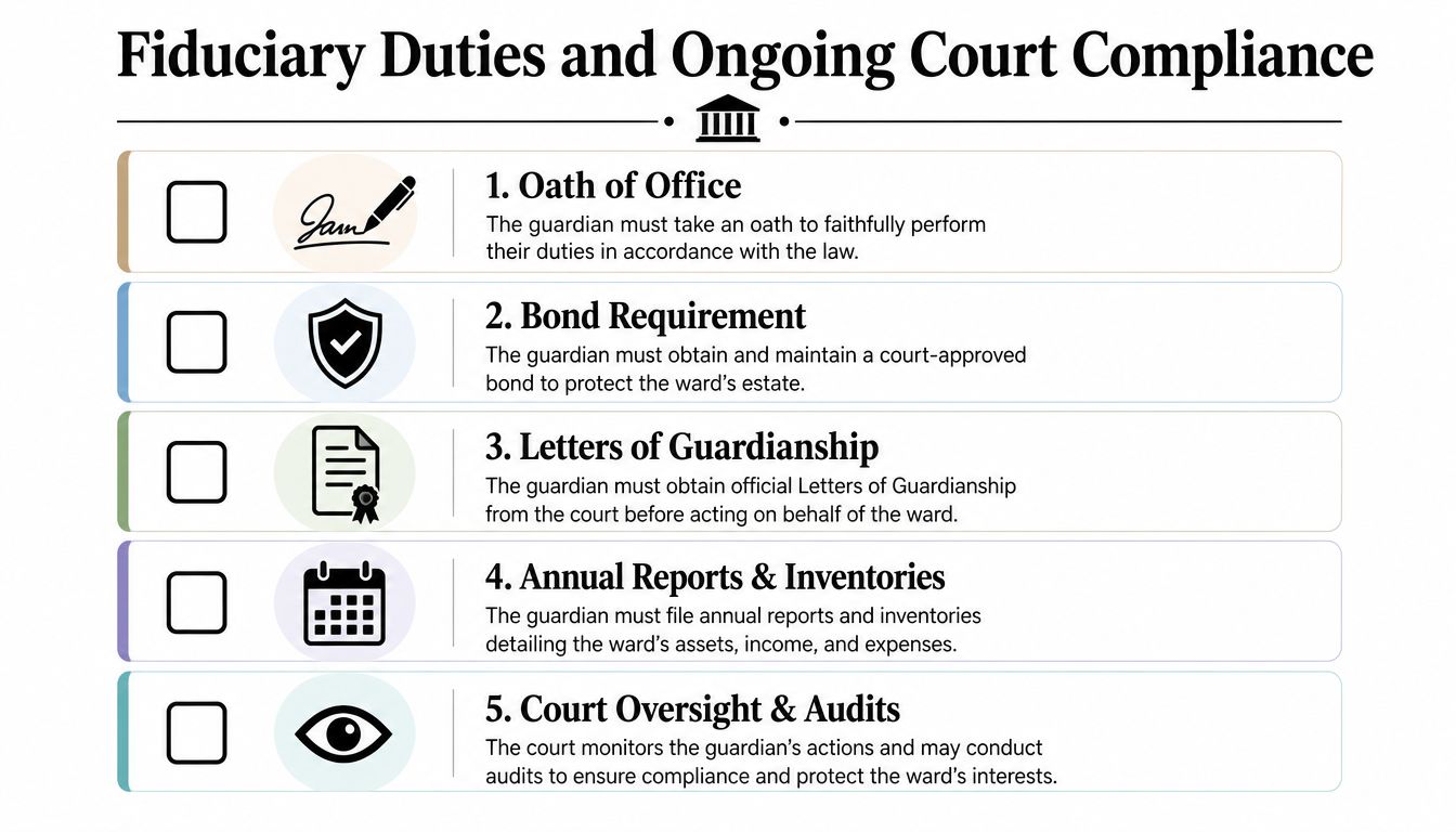 An infographic titled Fiduciary Duties and Ongoing Court Compliance listing five key responsibilities for a legal guardian.