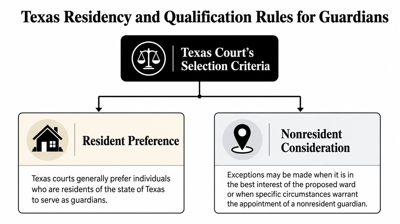 An infographic detailing Texas court rules and preferences for selecting resident and nonresident legal guardians for wards.