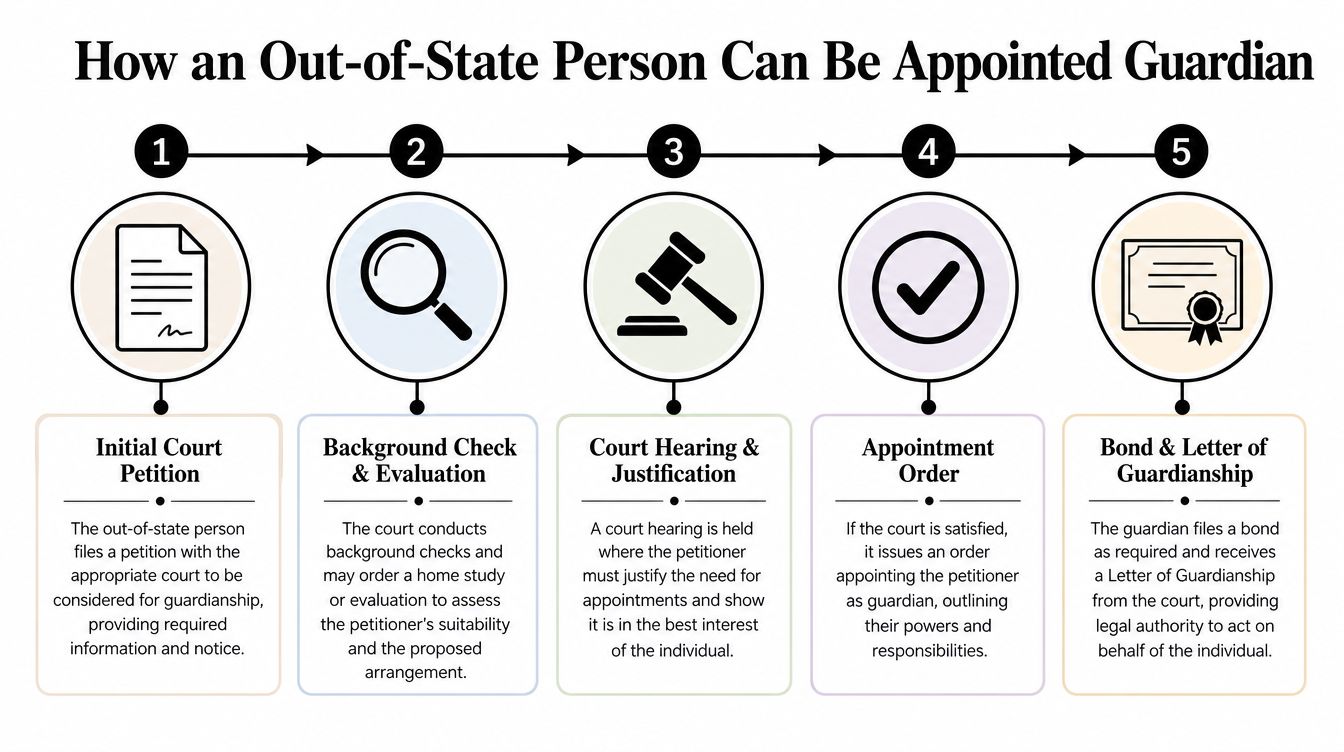 A five-step flowchart illustrating the legal process for appointing an out-of-state person as a legal guardian.