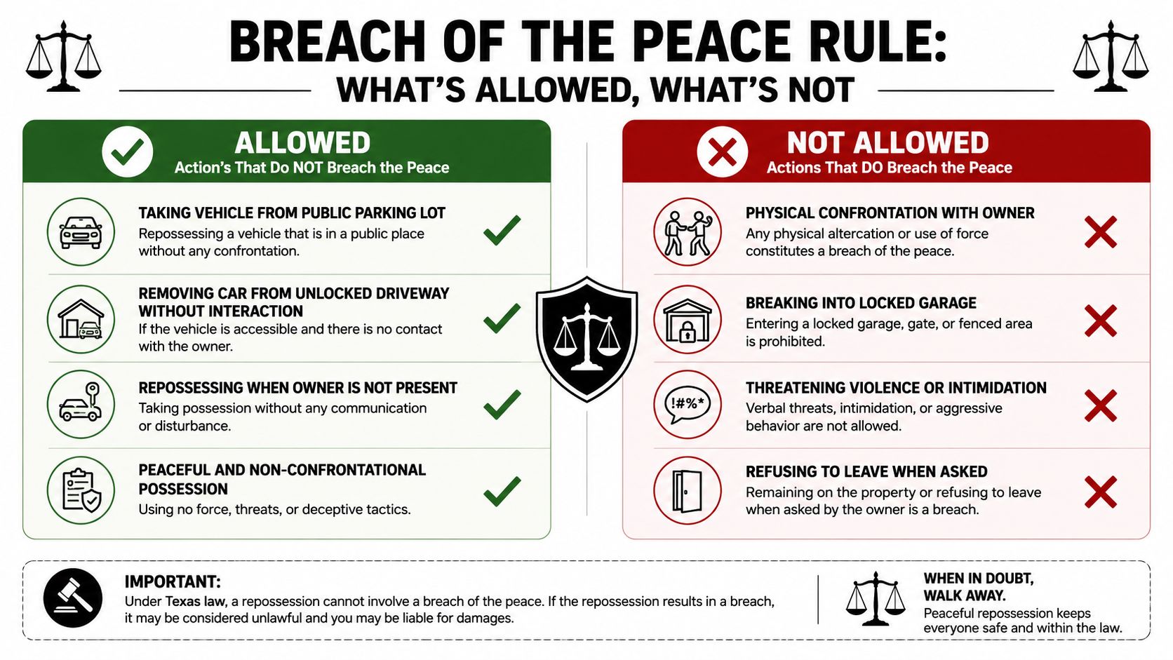 An infographic detailing lawful and unlawful actions regarding vehicle repossession under Texas breach of the peace rules.