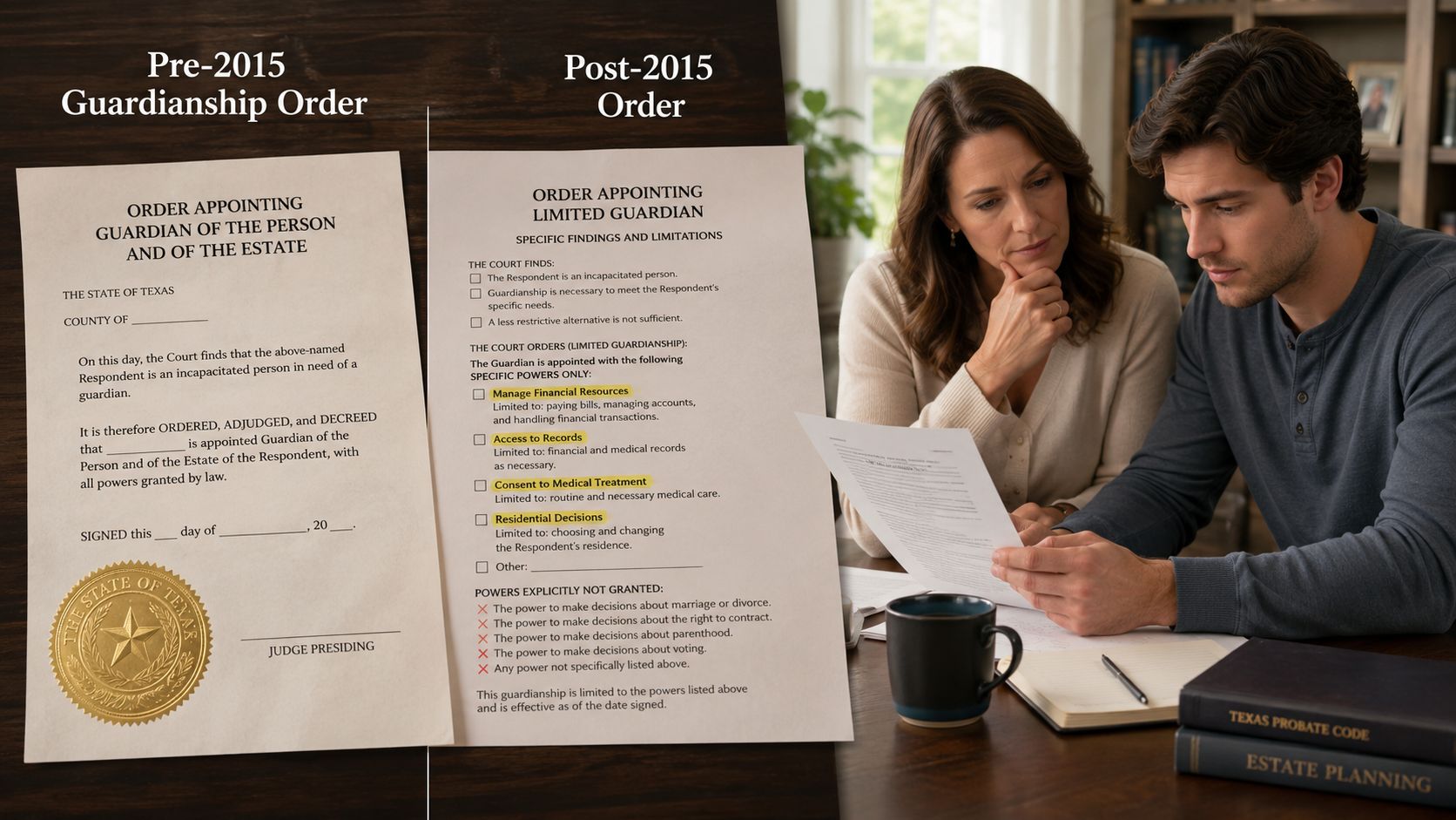 A split image comparing a pre-2015 full guardianship order to a post-2015 limited guardianship order in Texas.